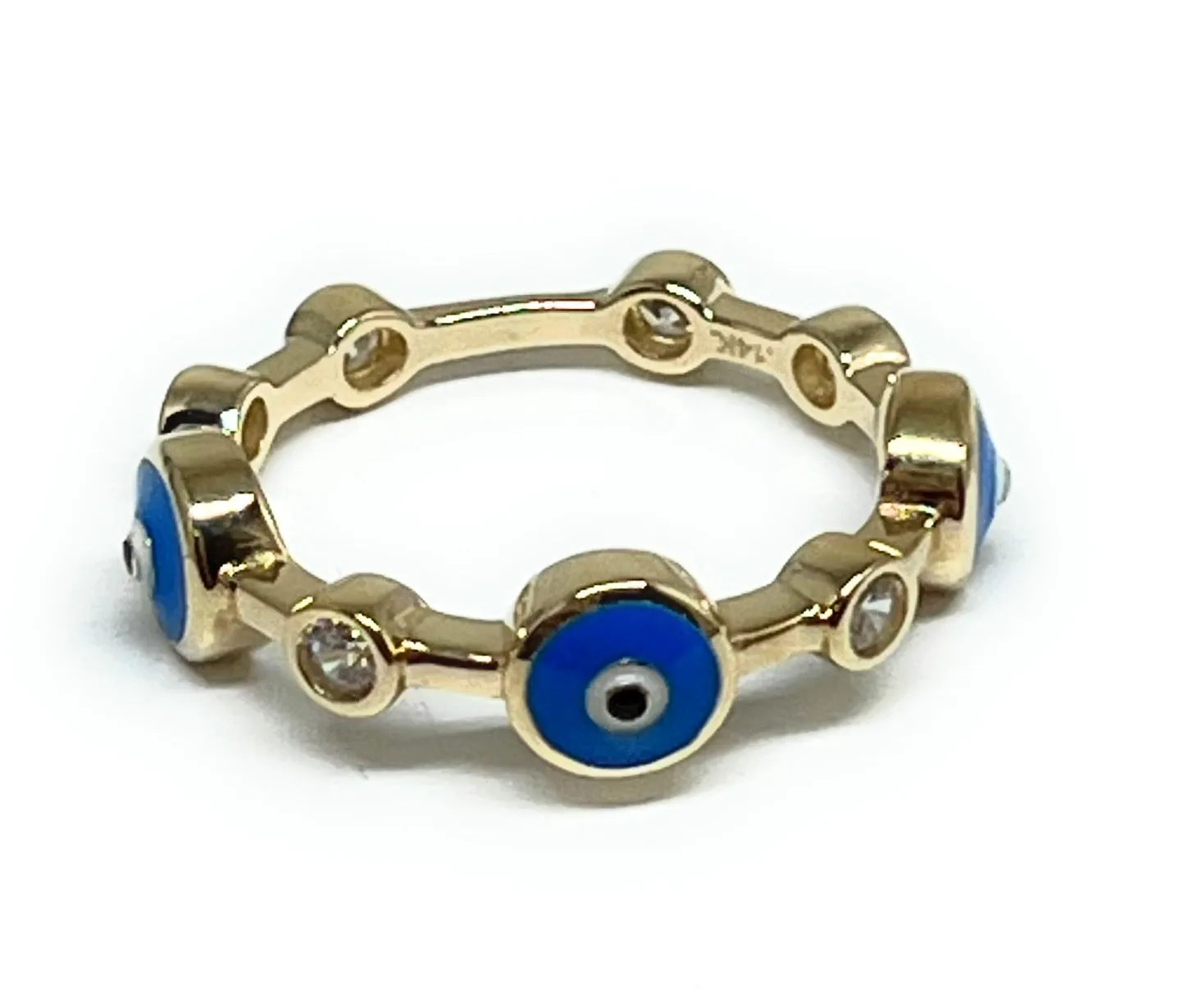 14k Solid Gold Evil Eye Blue CZ Band Ring (FC 215)