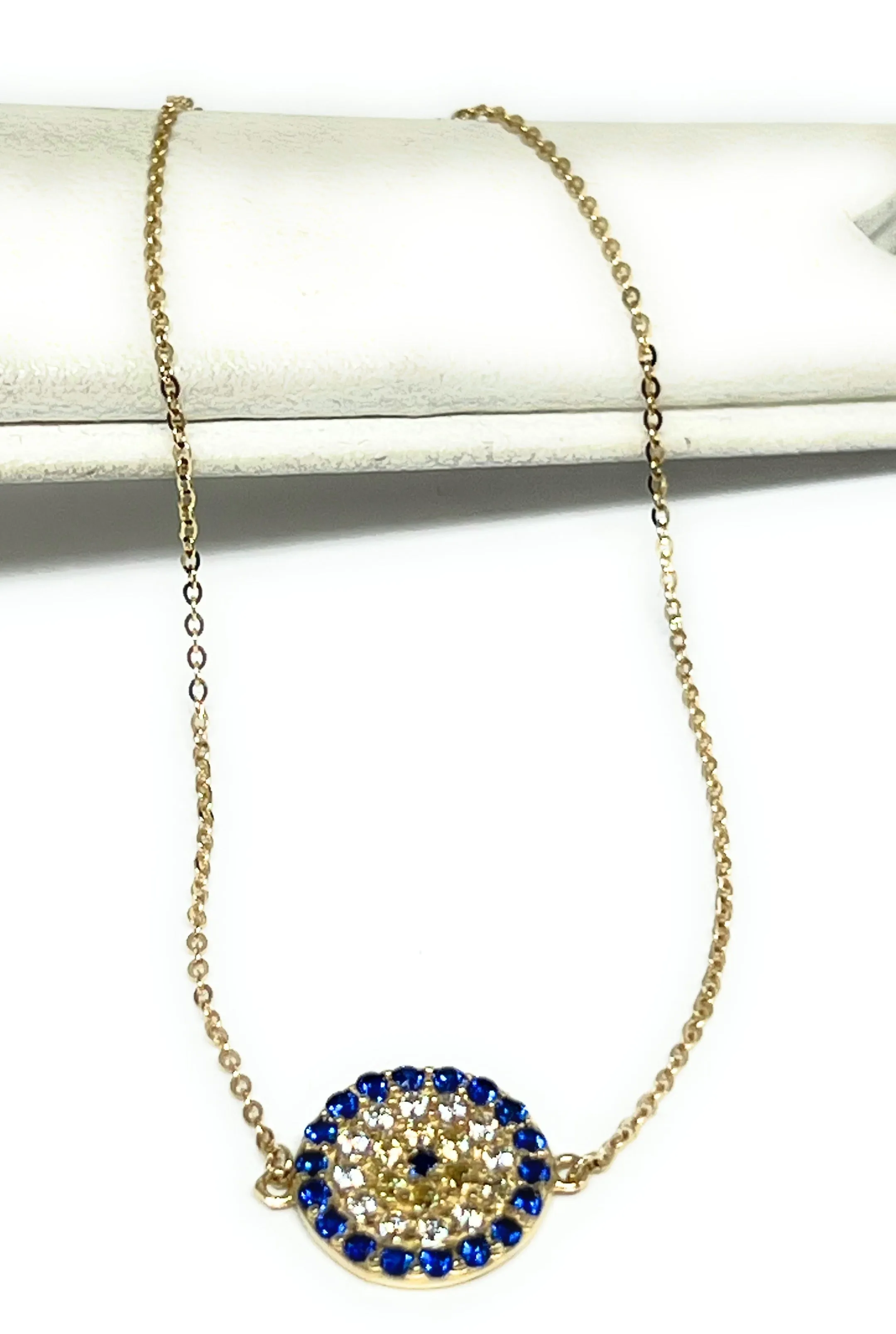 14k Solid Gold Evil Eye Blue CZ Brracelet 8 INCH 1mm Width (THIN & DELICATE) (FC)