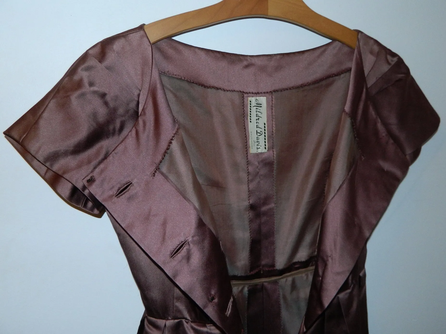 1950s silk satin party dress vintage Mildred Davis mauve 50s shirtwaist frock