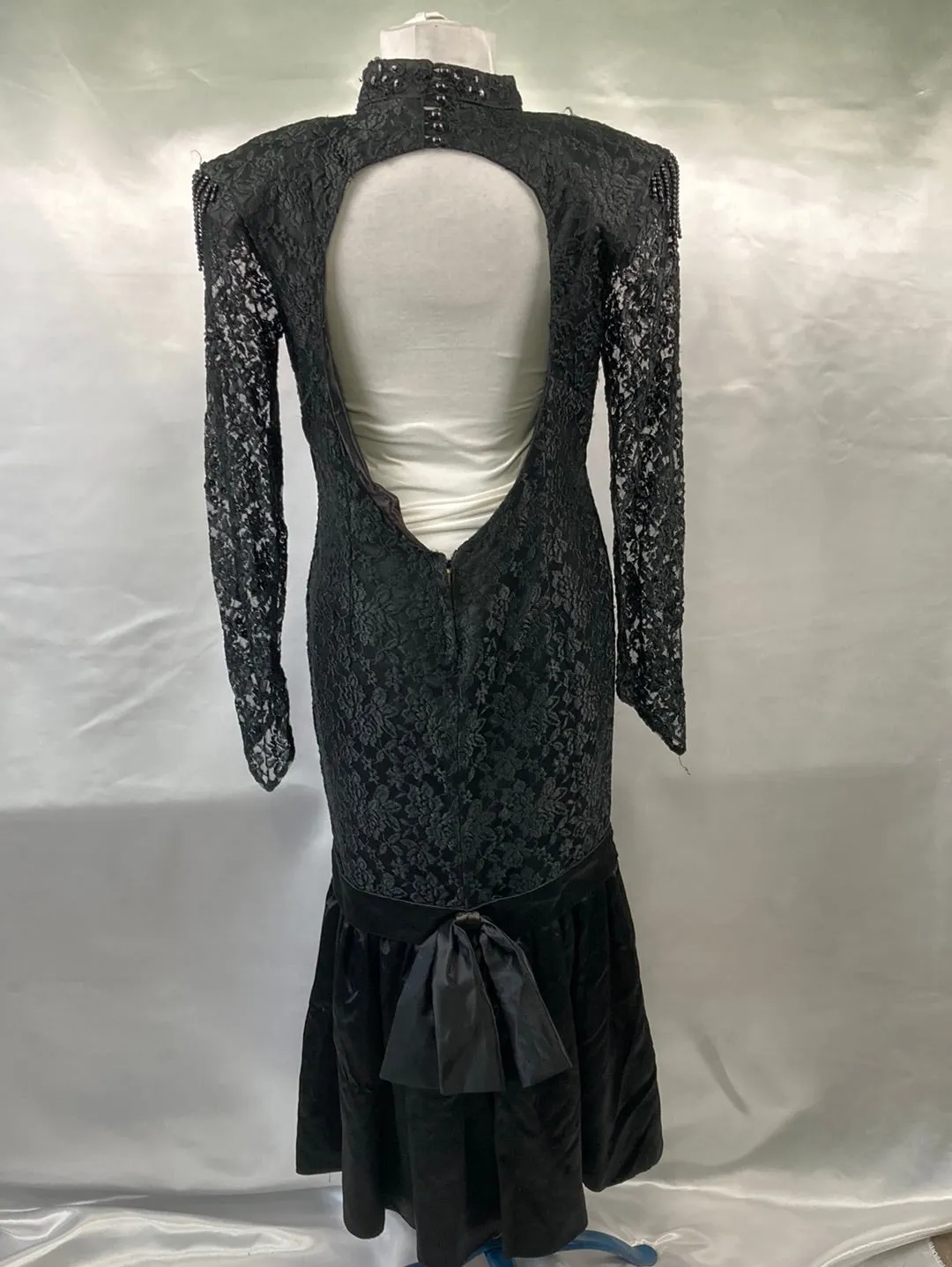 1980's Prom Black Lace Long Sleeve Dress Vintage Women's Dress Size sm/med