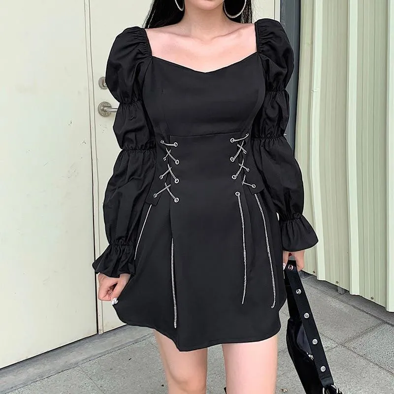 2023 Hip Hop Gothic Women Dress Vintage Retro Lace Up Waist Streetwear Sexy Sleeveless Steampunk Victorian Black Punk Dresses