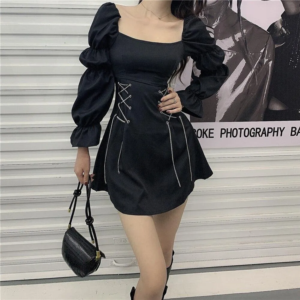 2023 Hip Hop Gothic Women Dress Vintage Retro Lace Up Waist Streetwear Sexy Sleeveless Steampunk Victorian Black Punk Dresses