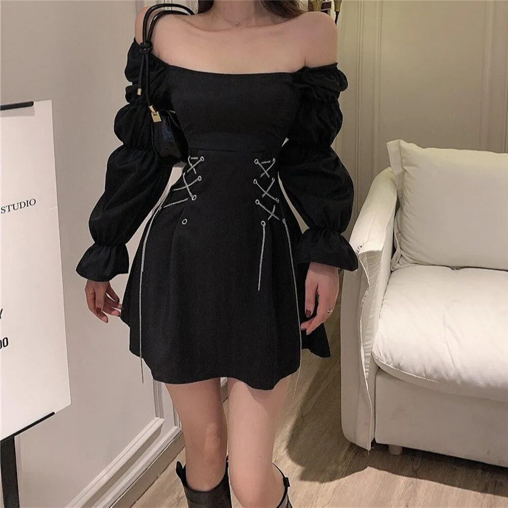 2023 Hip Hop Gothic Women Dress Vintage Retro Lace Up Waist Streetwear Sexy Sleeveless Steampunk Victorian Black Punk Dresses