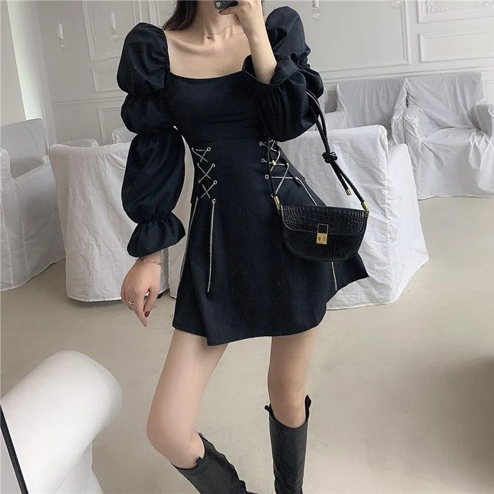 2023 Hip Hop Gothic Women Dress Vintage Retro Lace Up Waist Streetwear Sexy Sleeveless Steampunk Victorian Black Punk Dresses