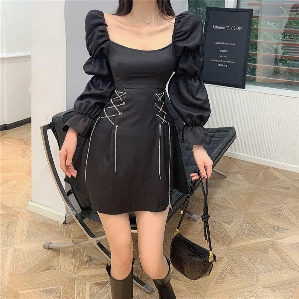 2023 Hip Hop Gothic Women Dress Vintage Retro Lace Up Waist Streetwear Sexy Sleeveless Steampunk Victorian Black Punk Dresses