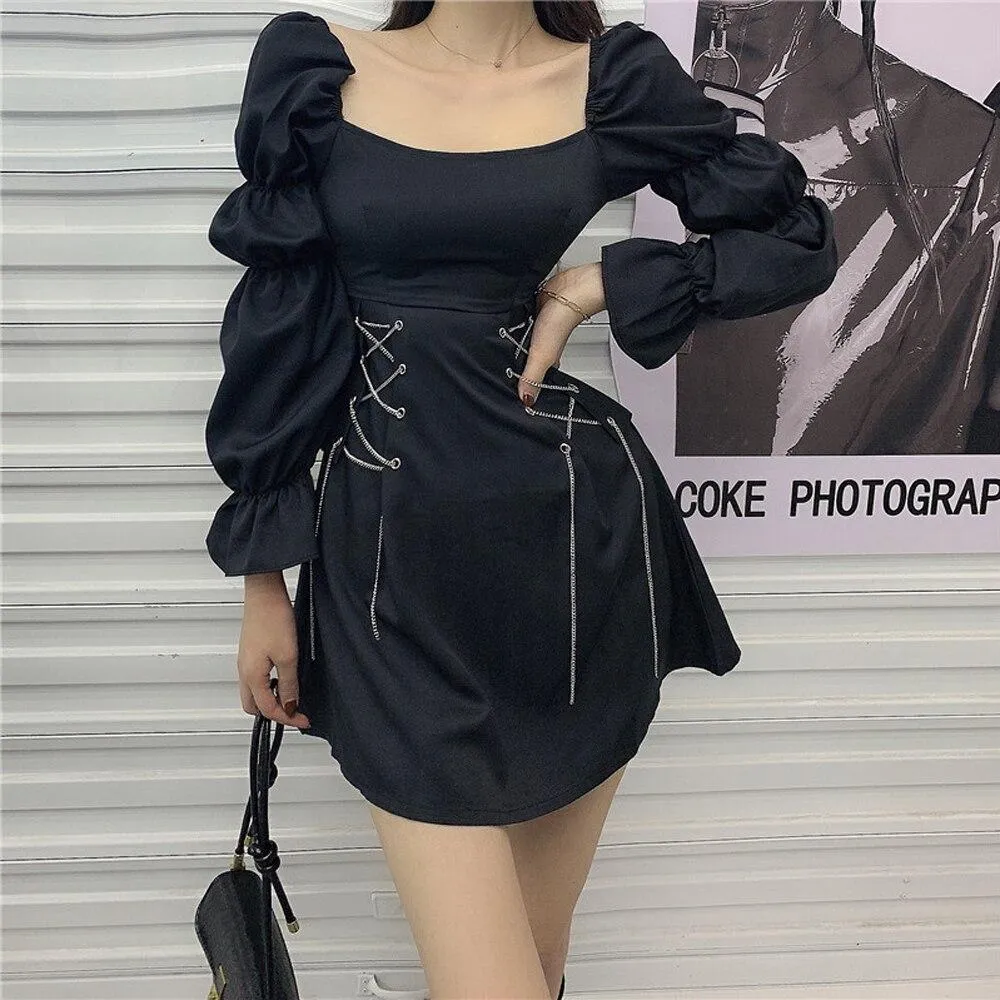 2023 Hip Hop Gothic Women Dress Vintage Retro Lace Up Waist Streetwear Sexy Sleeveless Steampunk Victorian Black Punk Dresses