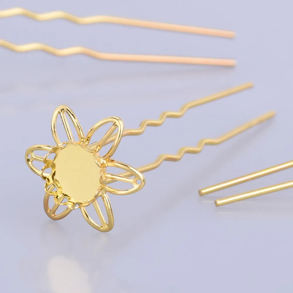 75mm U style Hairpin with 10mm Cameo Base Clips Hair Bobby U Pins Prom Hair Pins Hair Fork gold 10pcs