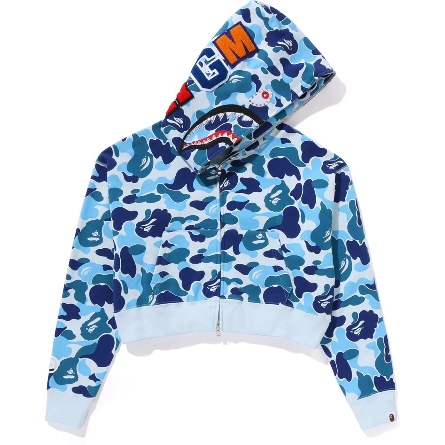 ABC CAMO CRYSTAL STONE SHARK CROPPED FULL ZIP HOODIE LADIES