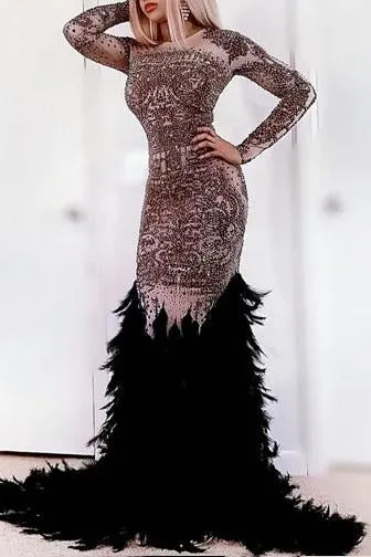 Alist Black Rhinestone Maxi Feather Dress