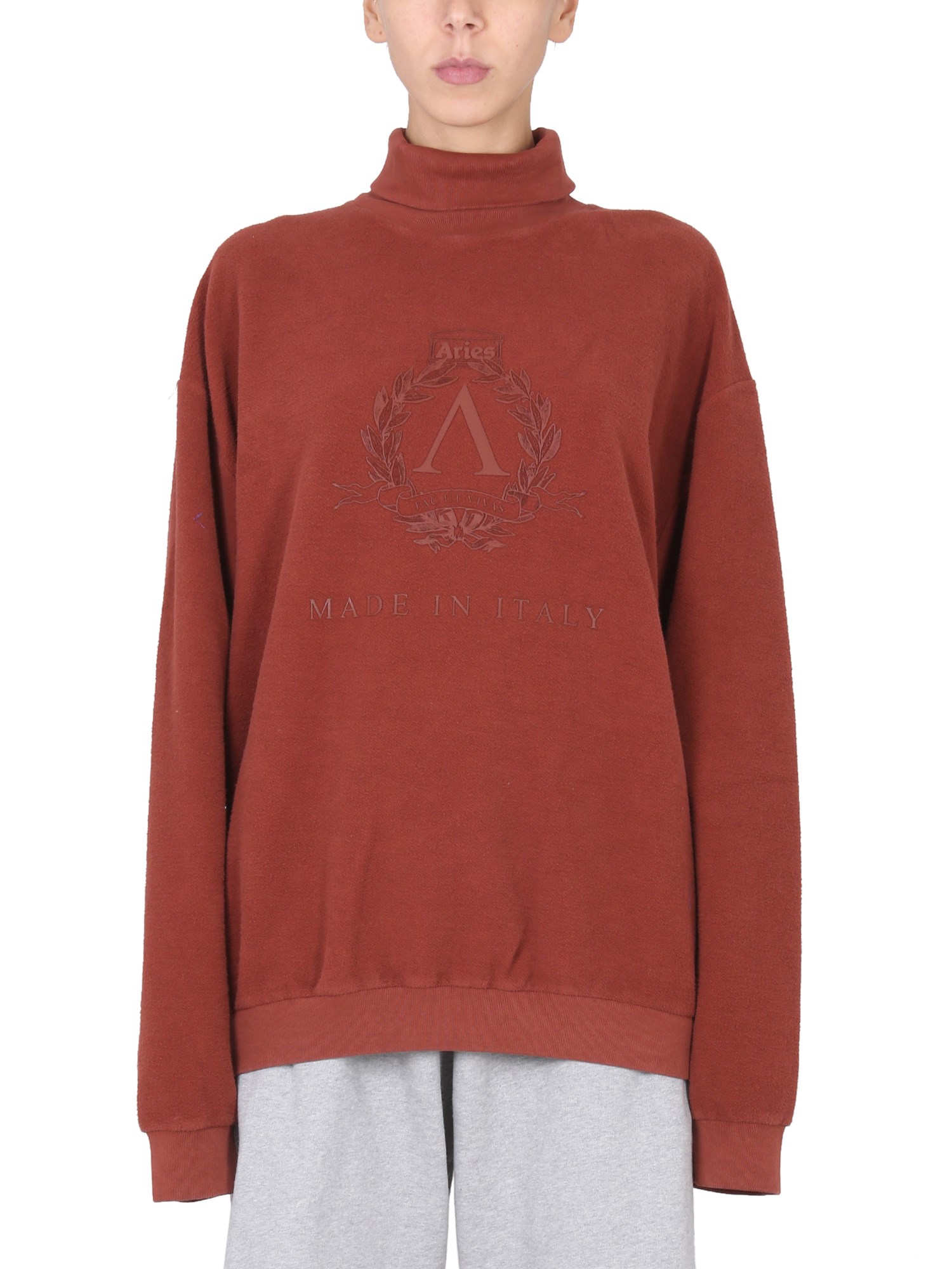 ARIES    COTTON TURTLENECK SWEATSHIRT WITH LOGO EMBROIDERY