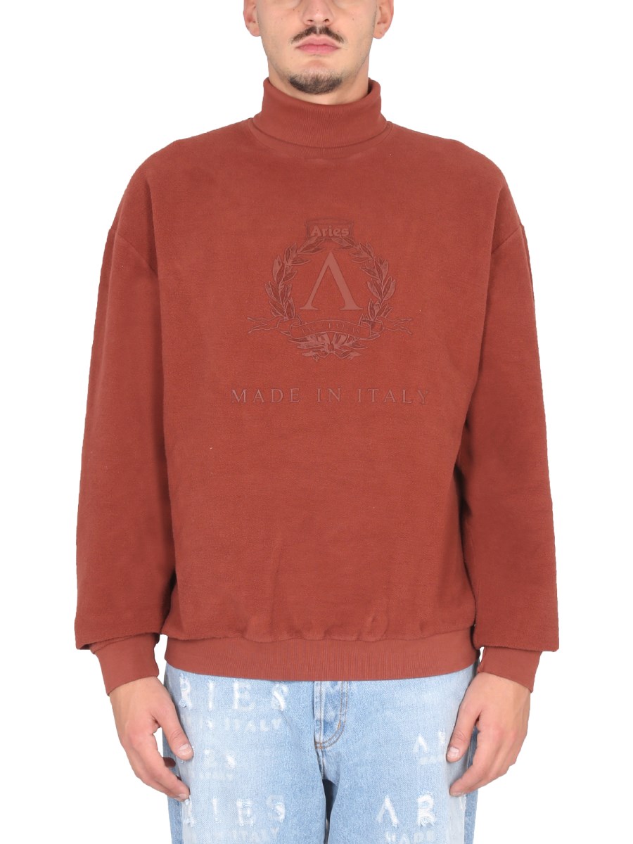 ARIES    COTTON TURTLENECK SWEATSHIRT WITH LOGO EMBROIDERY