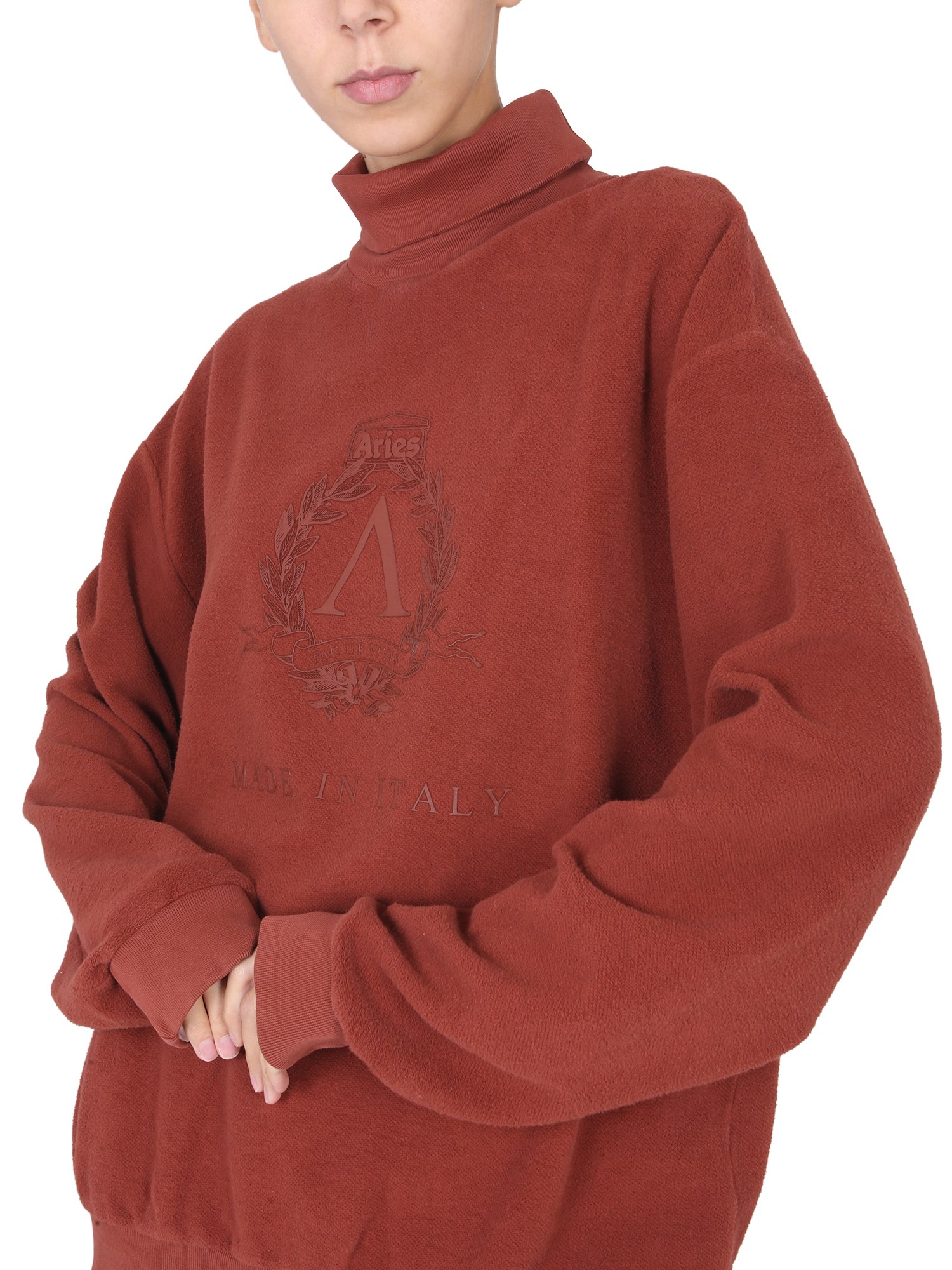 ARIES    COTTON TURTLENECK SWEATSHIRT WITH LOGO EMBROIDERY