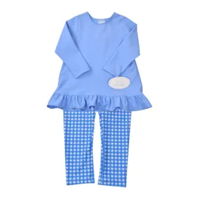 Athletic Ruffle Blue Top and Blue Check Print Legging Set