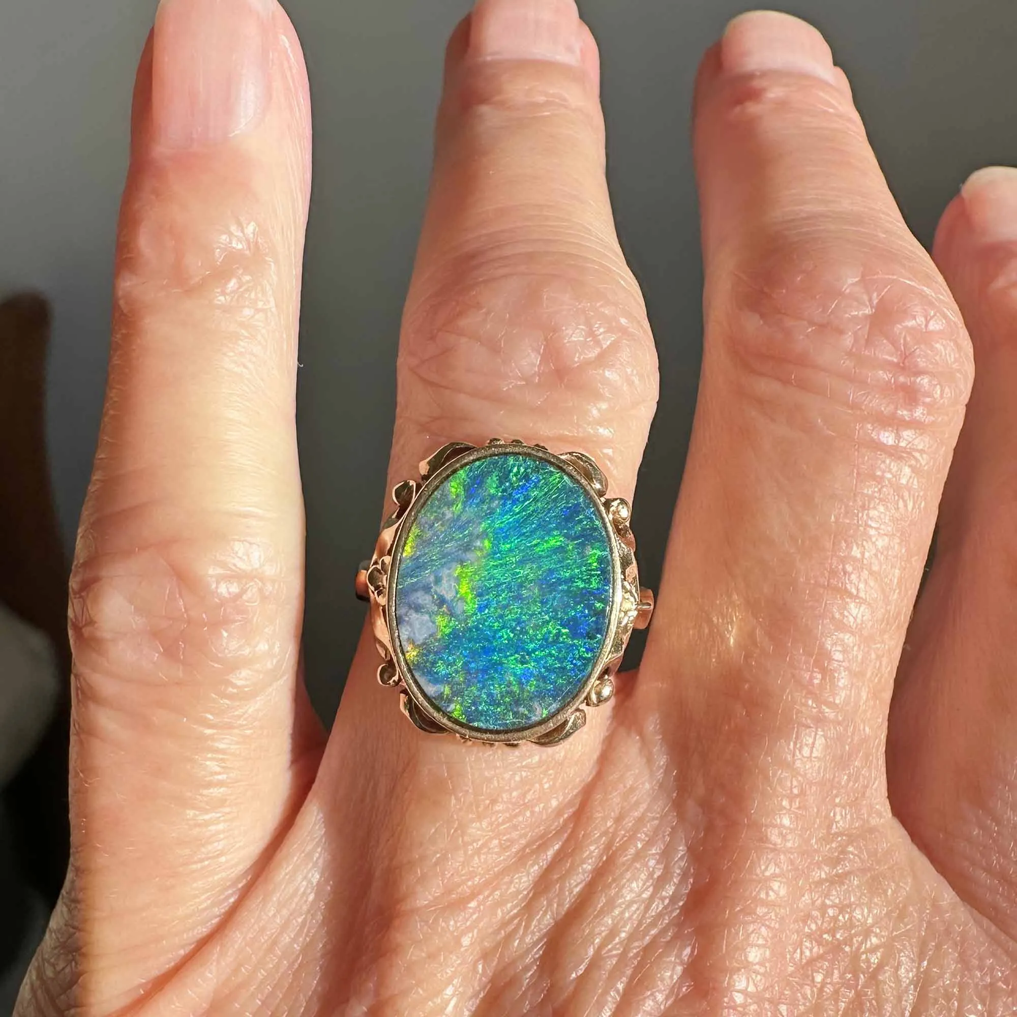 Australian Blue Lagoon Boulder Opal Ring in 14K Gold