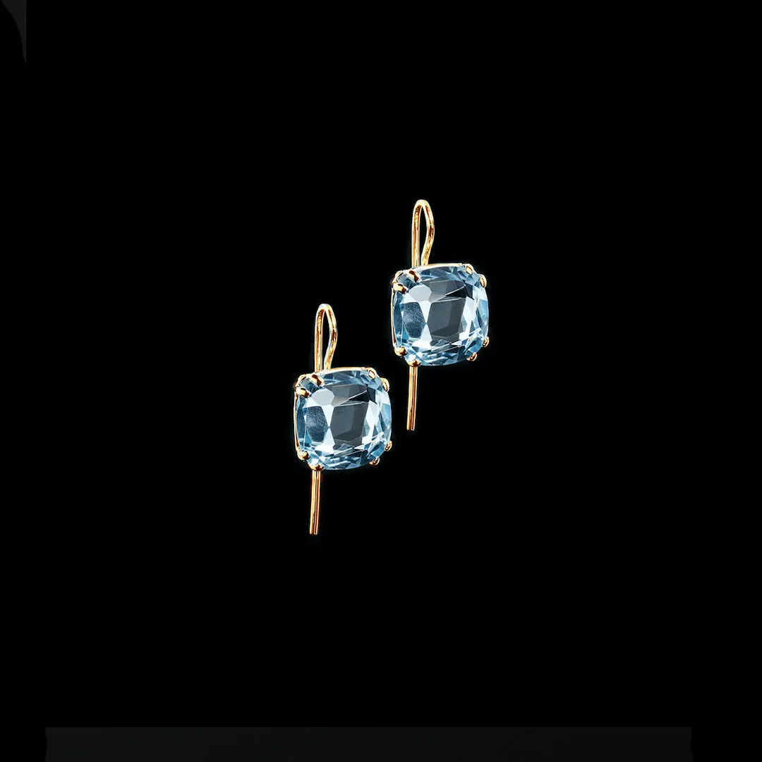 Blue Topaz 14K Yellow Gold Earrings, 12MM Cushion Cut