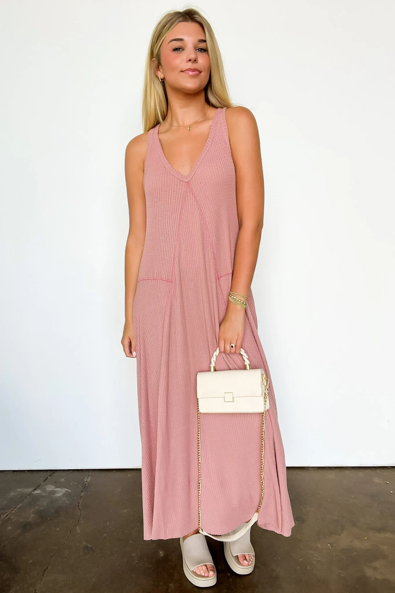 Breelie V-Neck Waffle Knit Maxi Dress