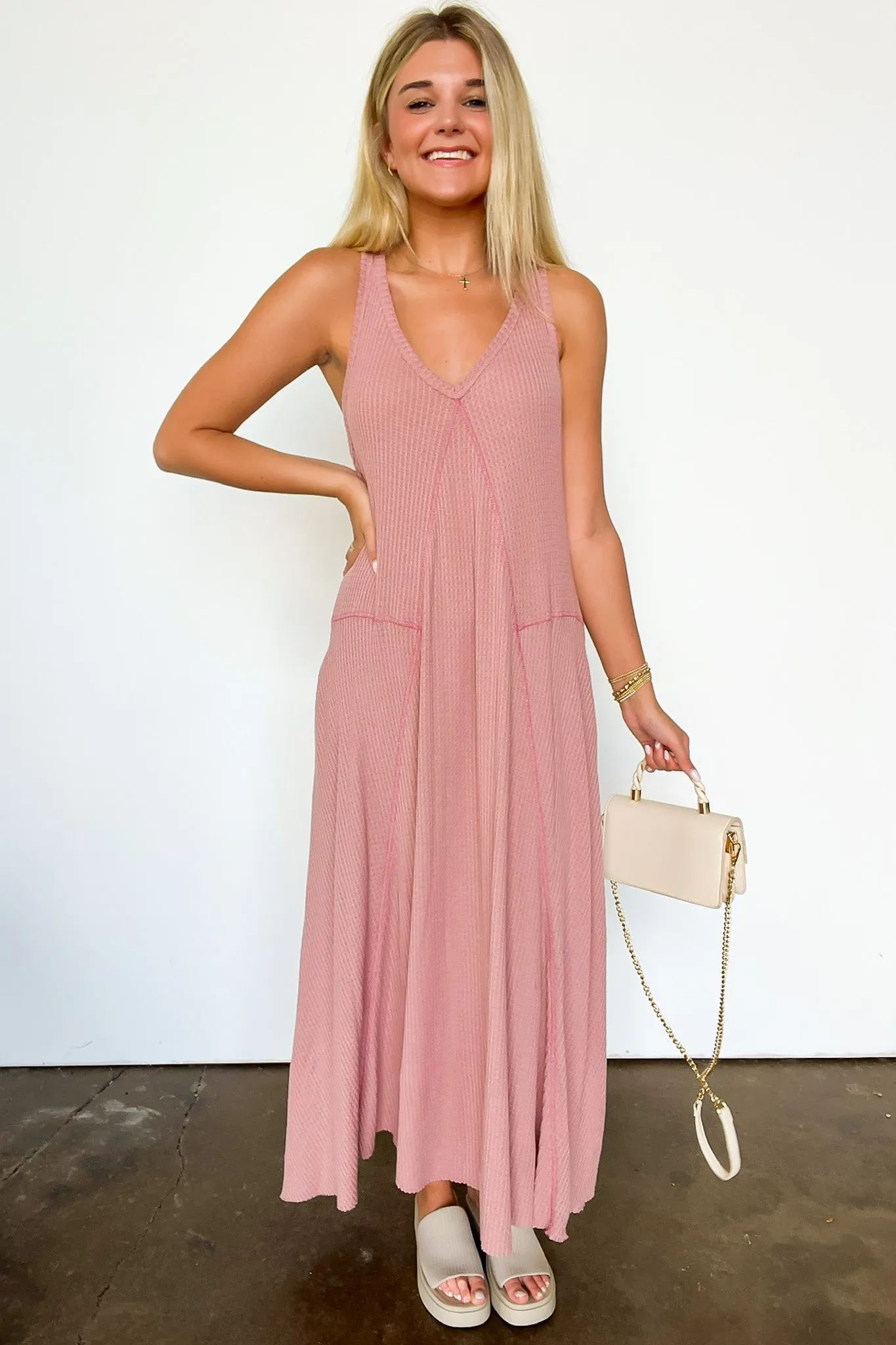 Breelie V-Neck Waffle Knit Maxi Dress