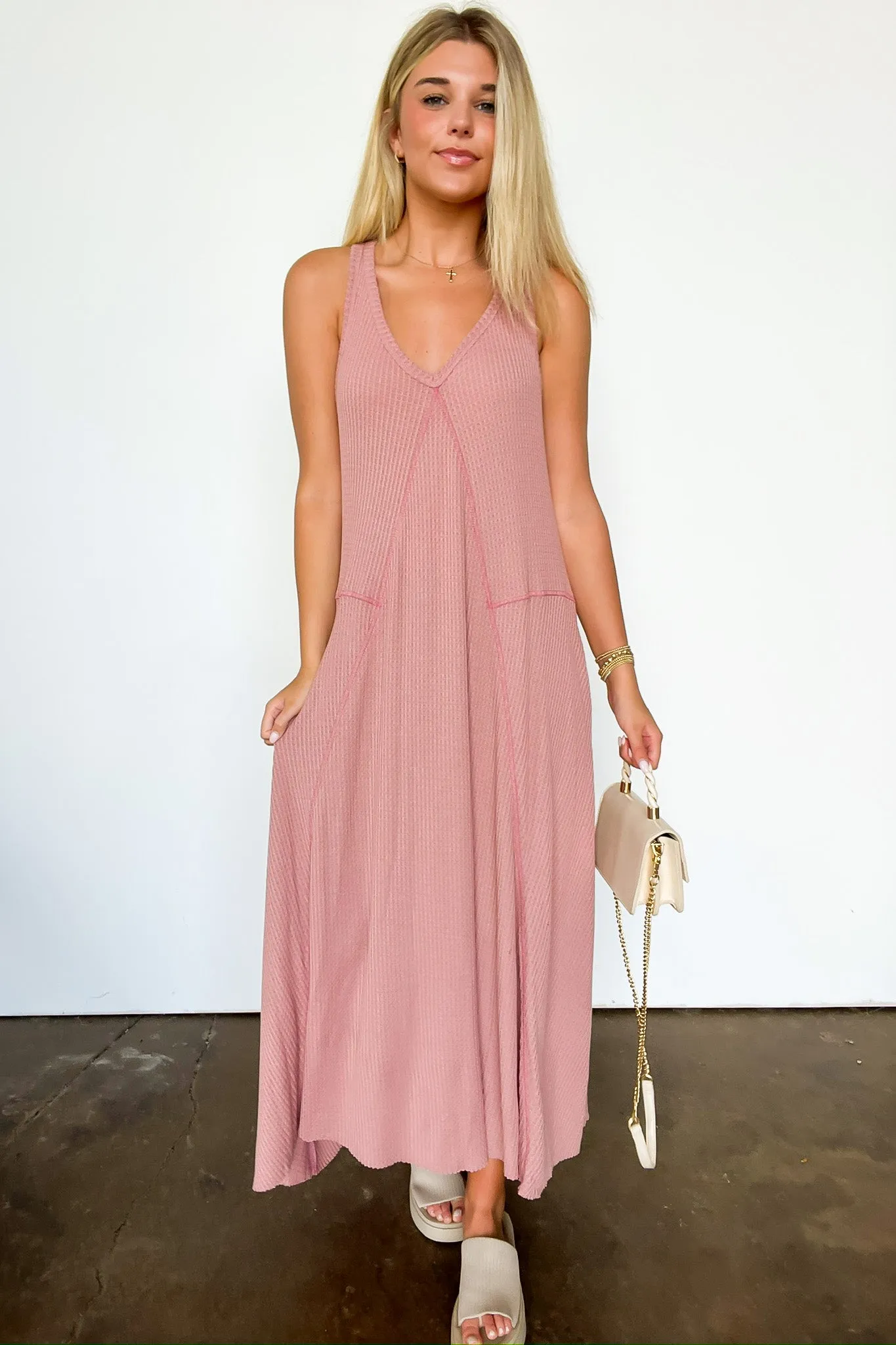 Breelie V-Neck Waffle Knit Maxi Dress