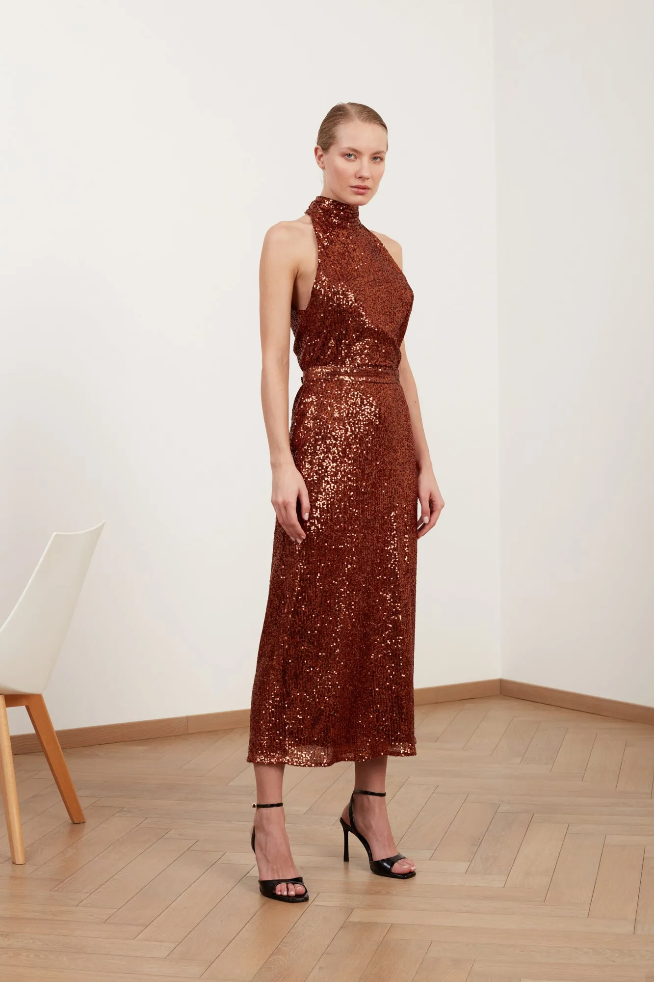 BRIANNA brown sequin bodycon midi dress with turtleneck