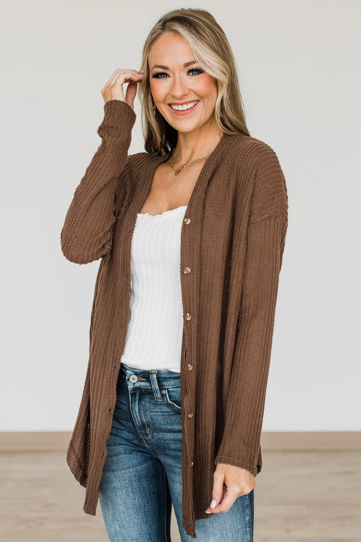 Campfire Cozy Waffle Knit Button Top- Brown