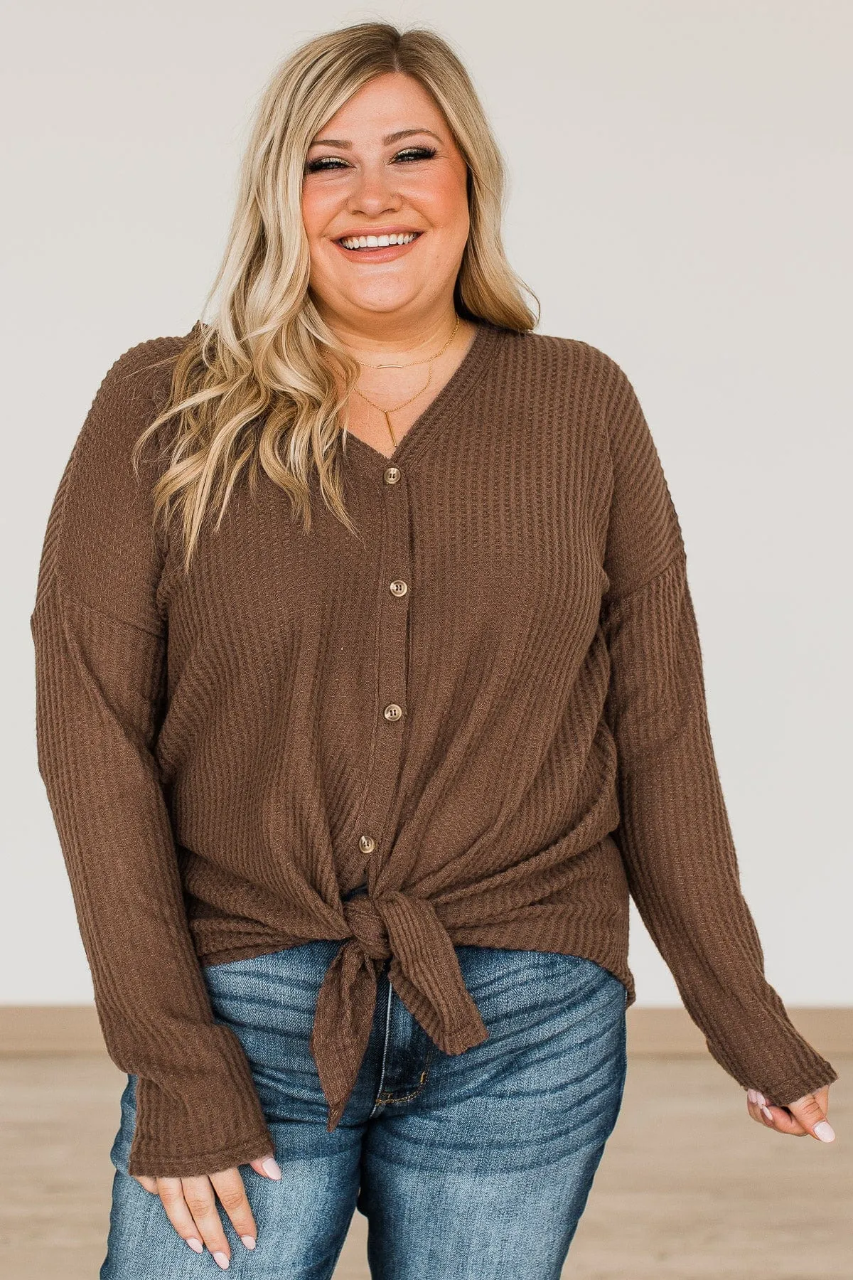 Campfire Cozy Waffle Knit Button Top- Brown