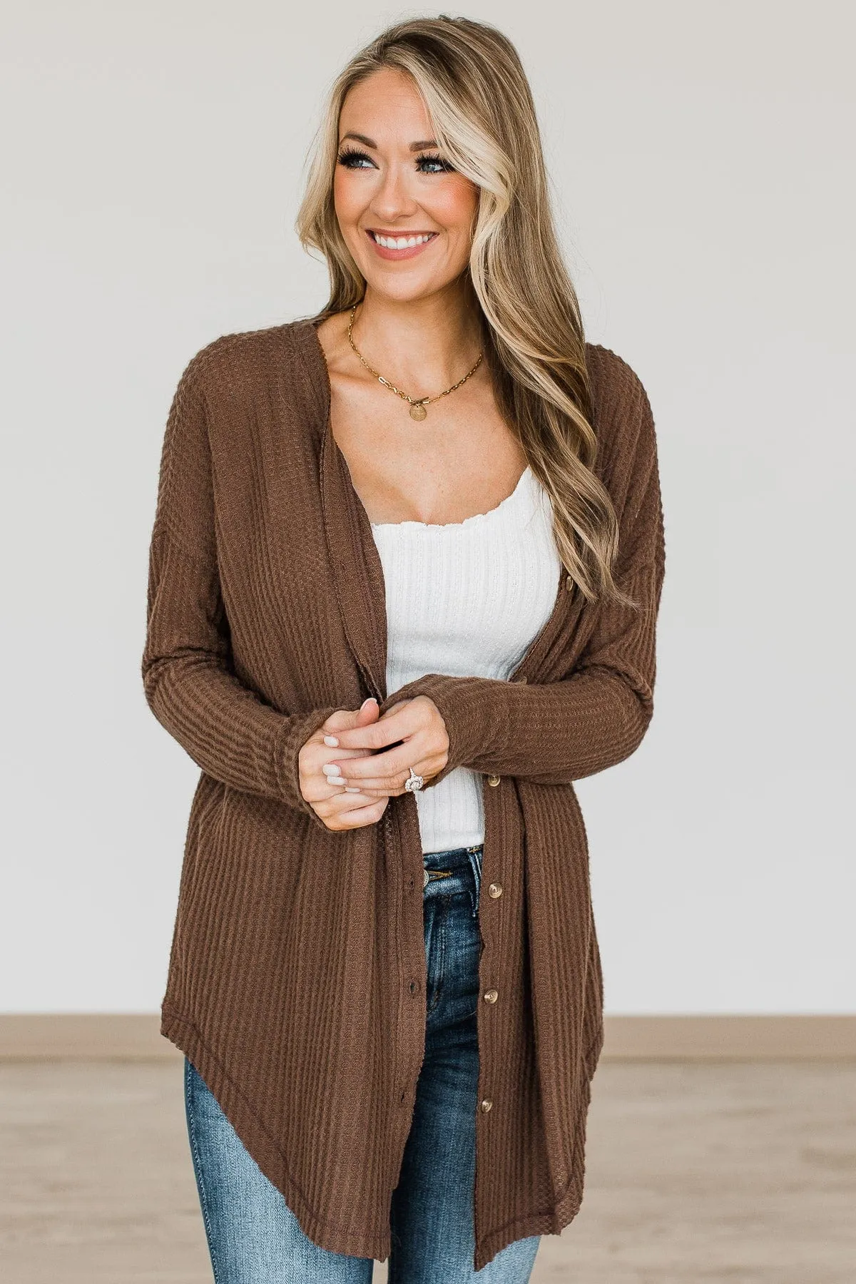 Campfire Cozy Waffle Knit Button Top- Brown