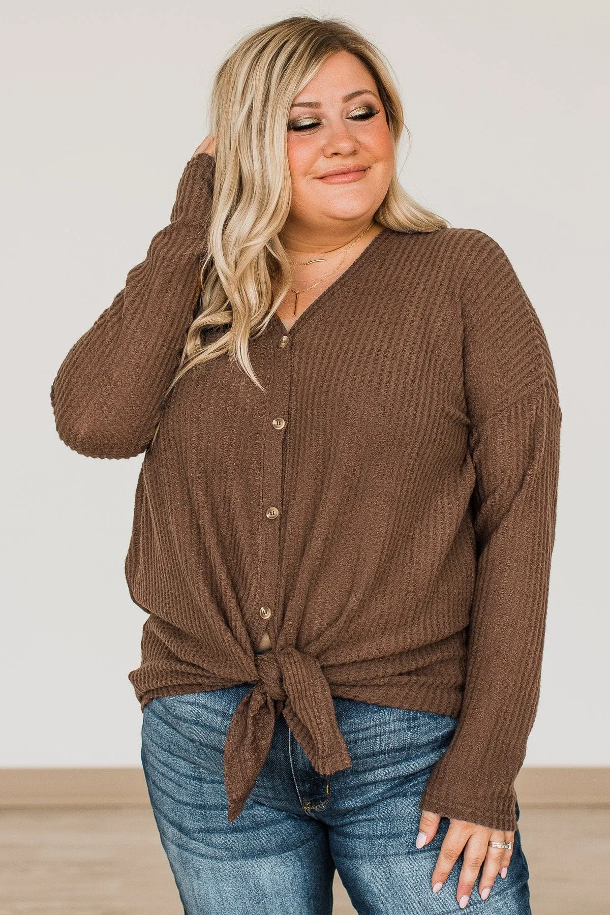 Campfire Cozy Waffle Knit Button Top- Brown