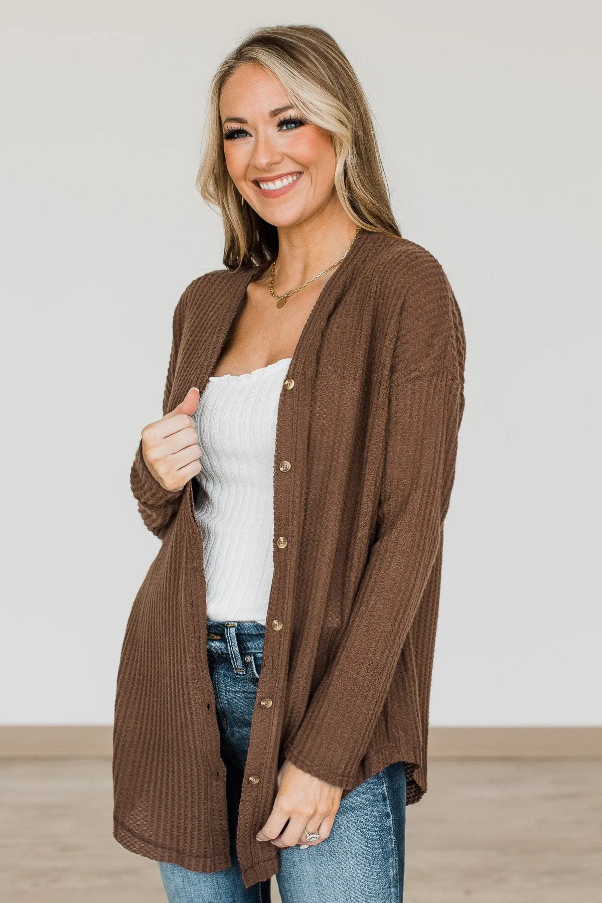 Campfire Cozy Waffle Knit Button Top- Brown