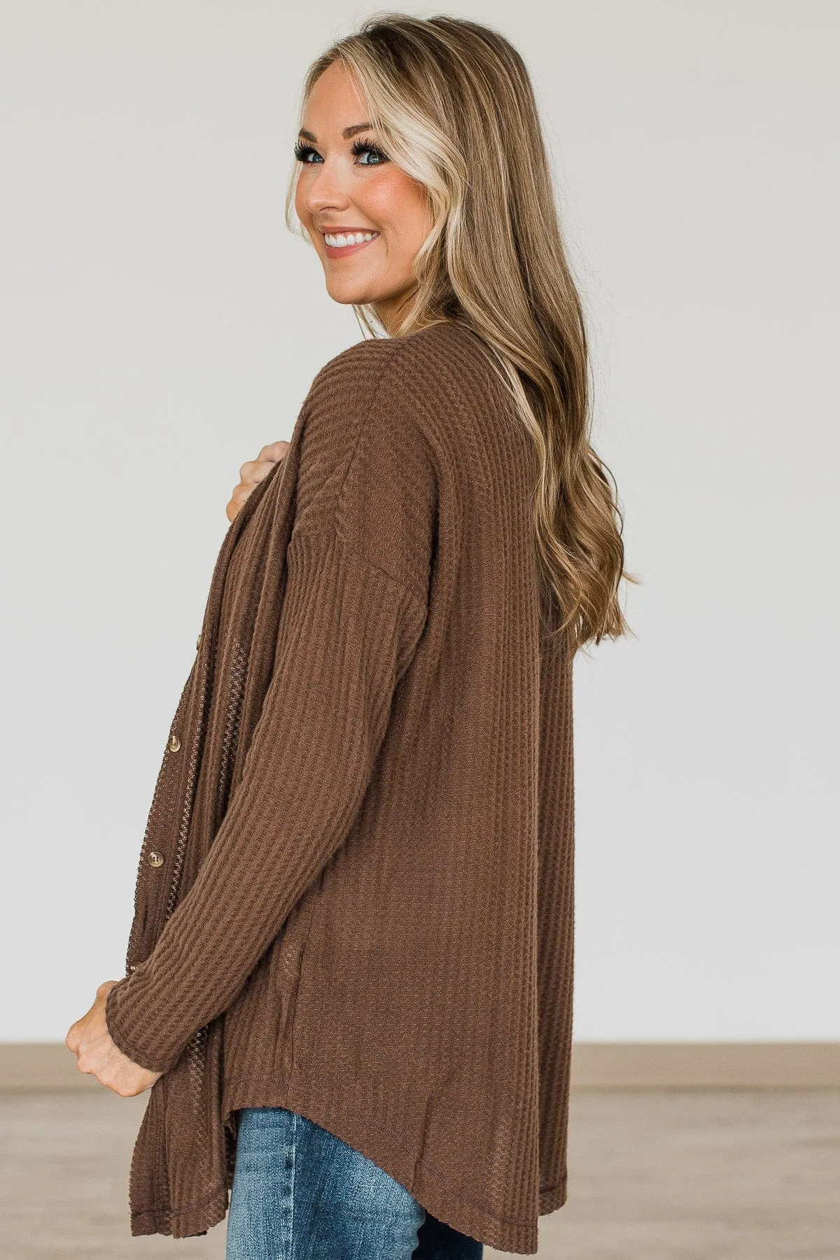 Campfire Cozy Waffle Knit Button Top- Brown