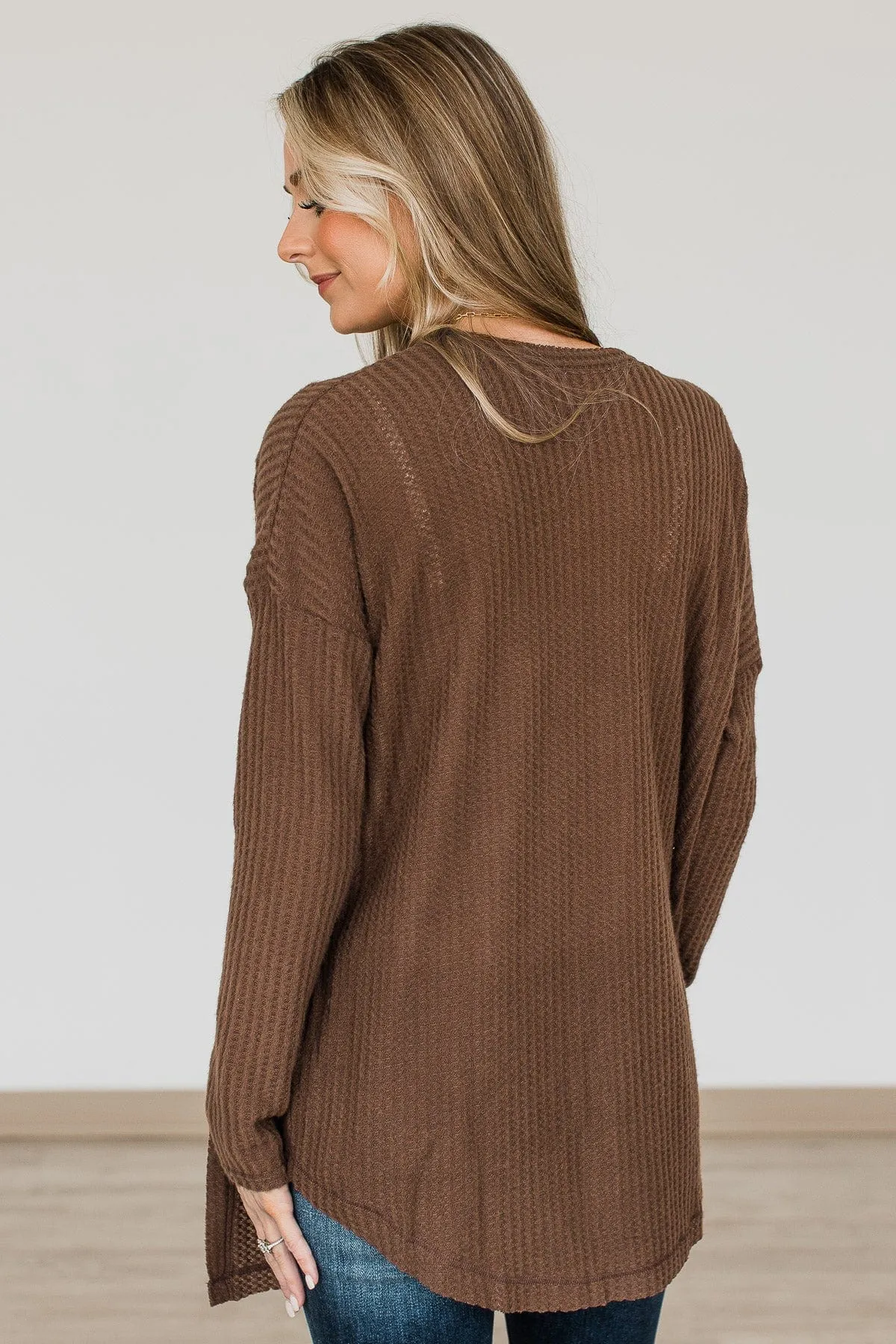 Campfire Cozy Waffle Knit Button Top- Brown