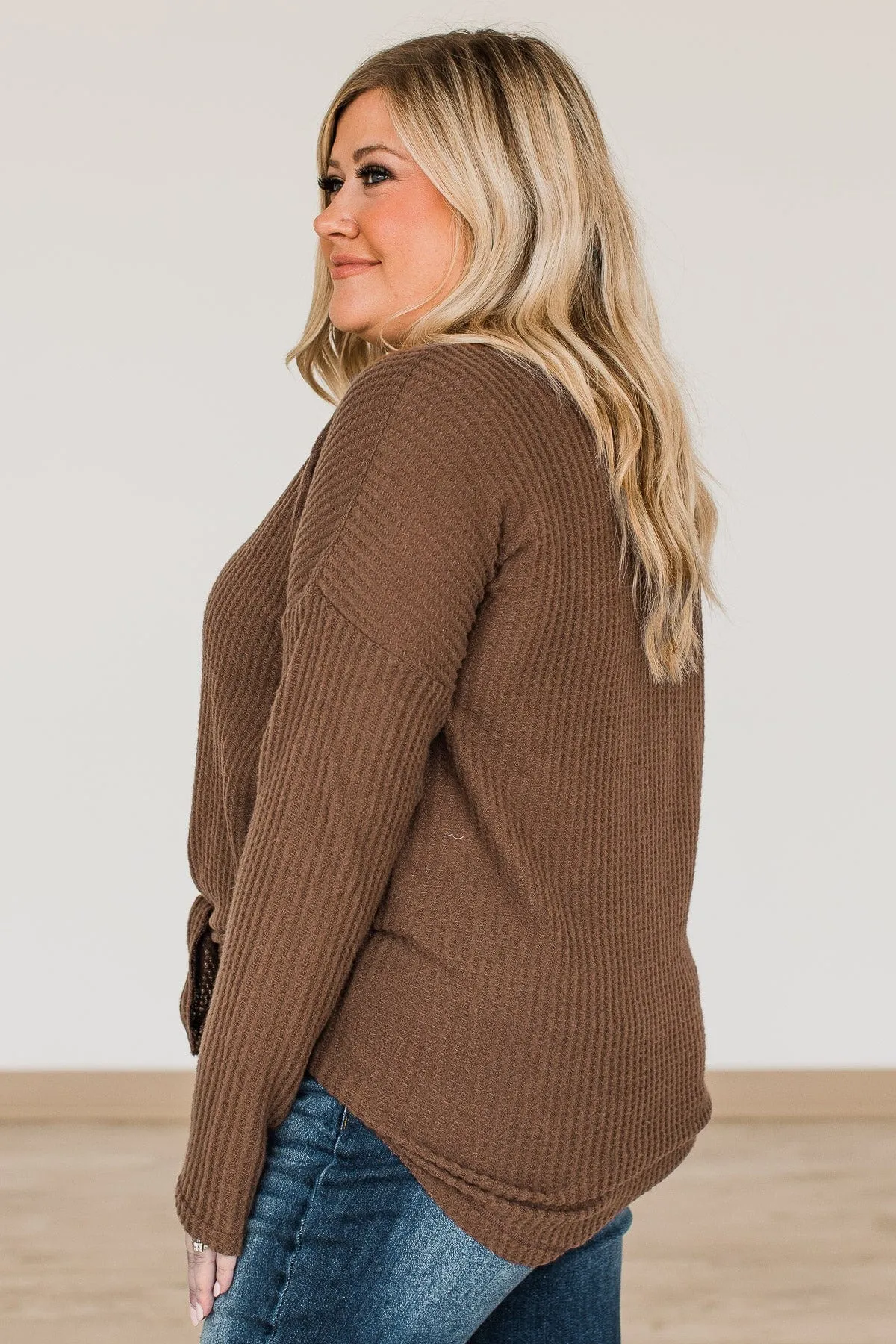 Campfire Cozy Waffle Knit Button Top- Brown