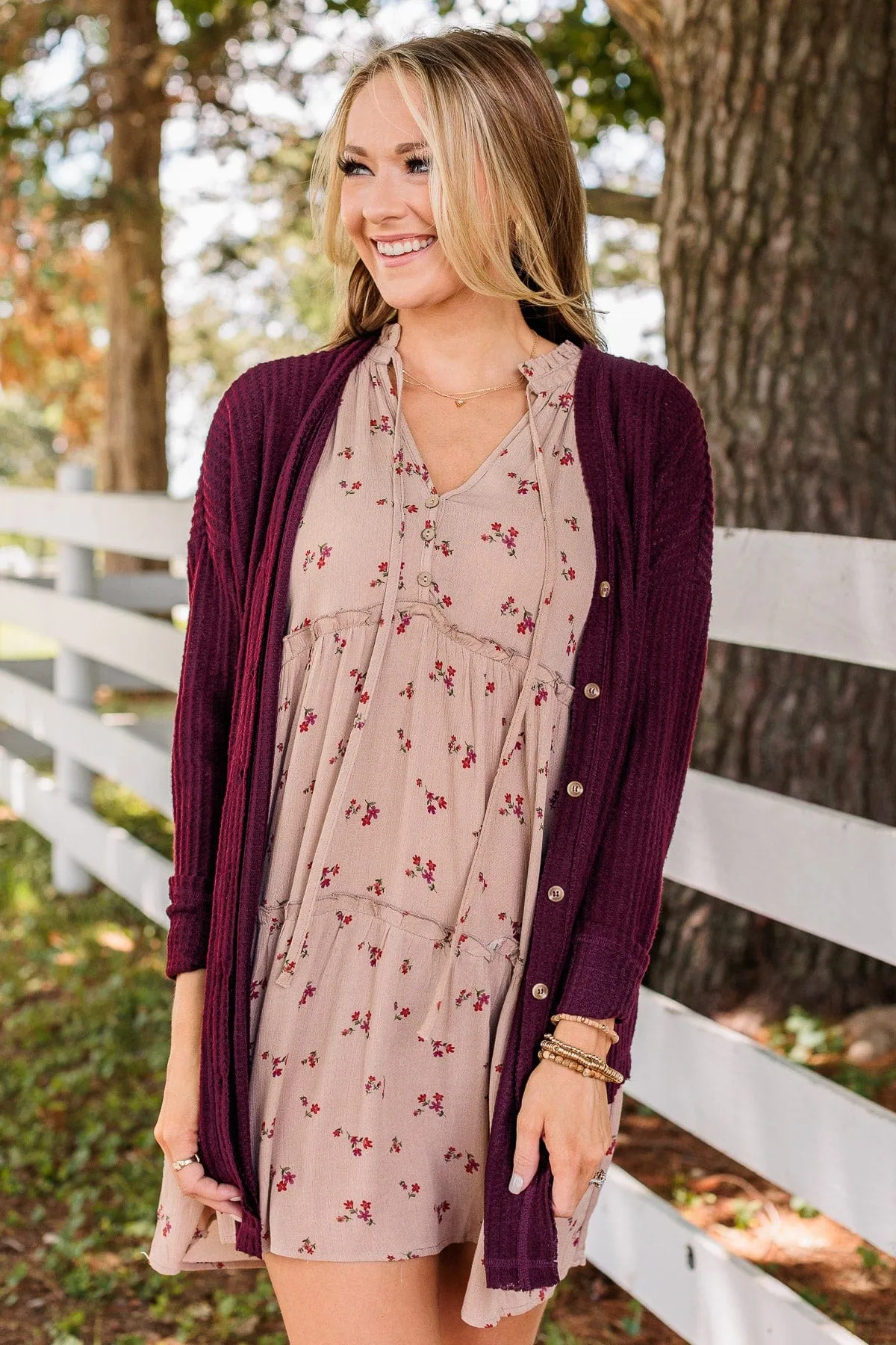 Campfire Cozy Waffle Knit Button Top- Burgundy