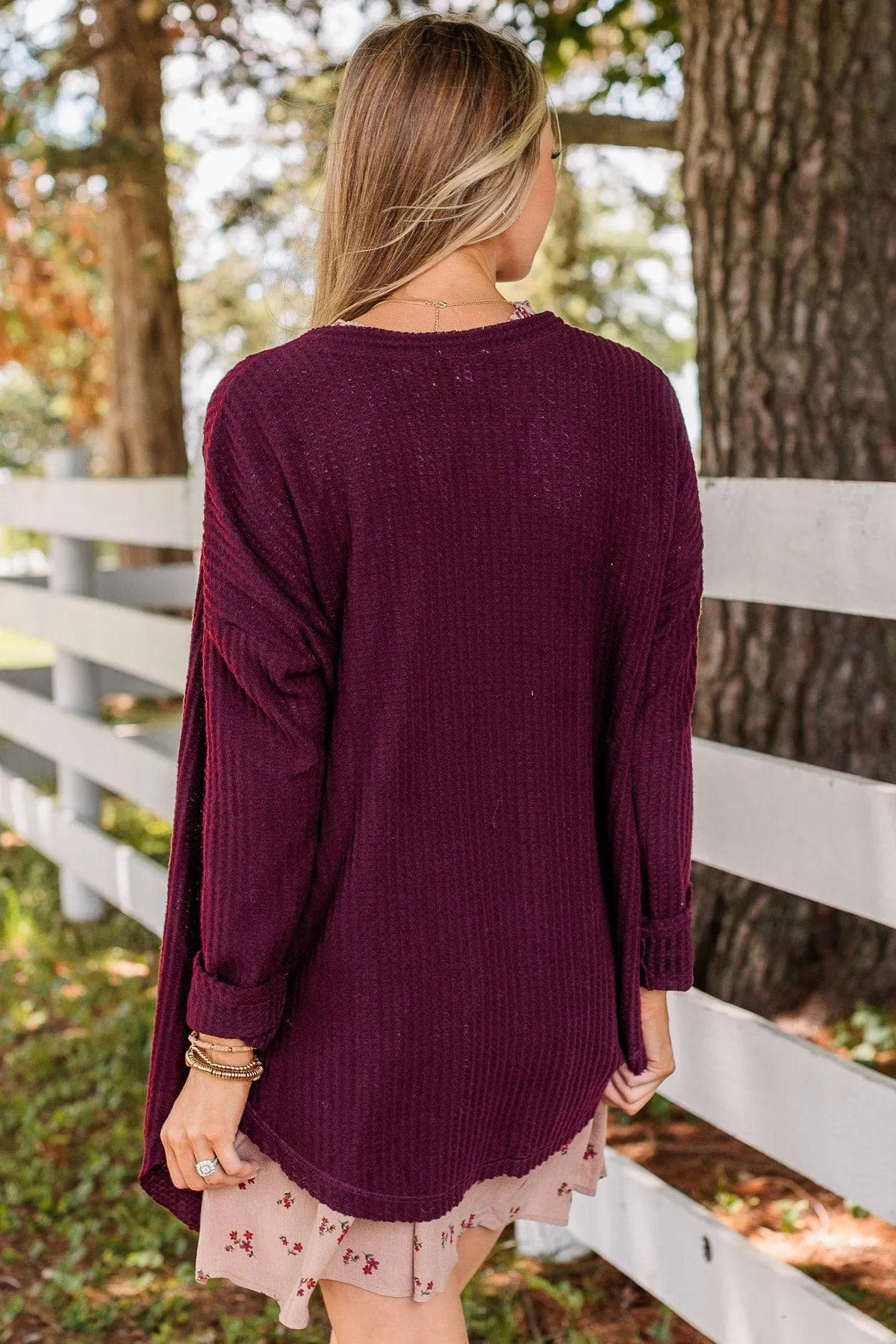 Campfire Cozy Waffle Knit Button Top- Burgundy