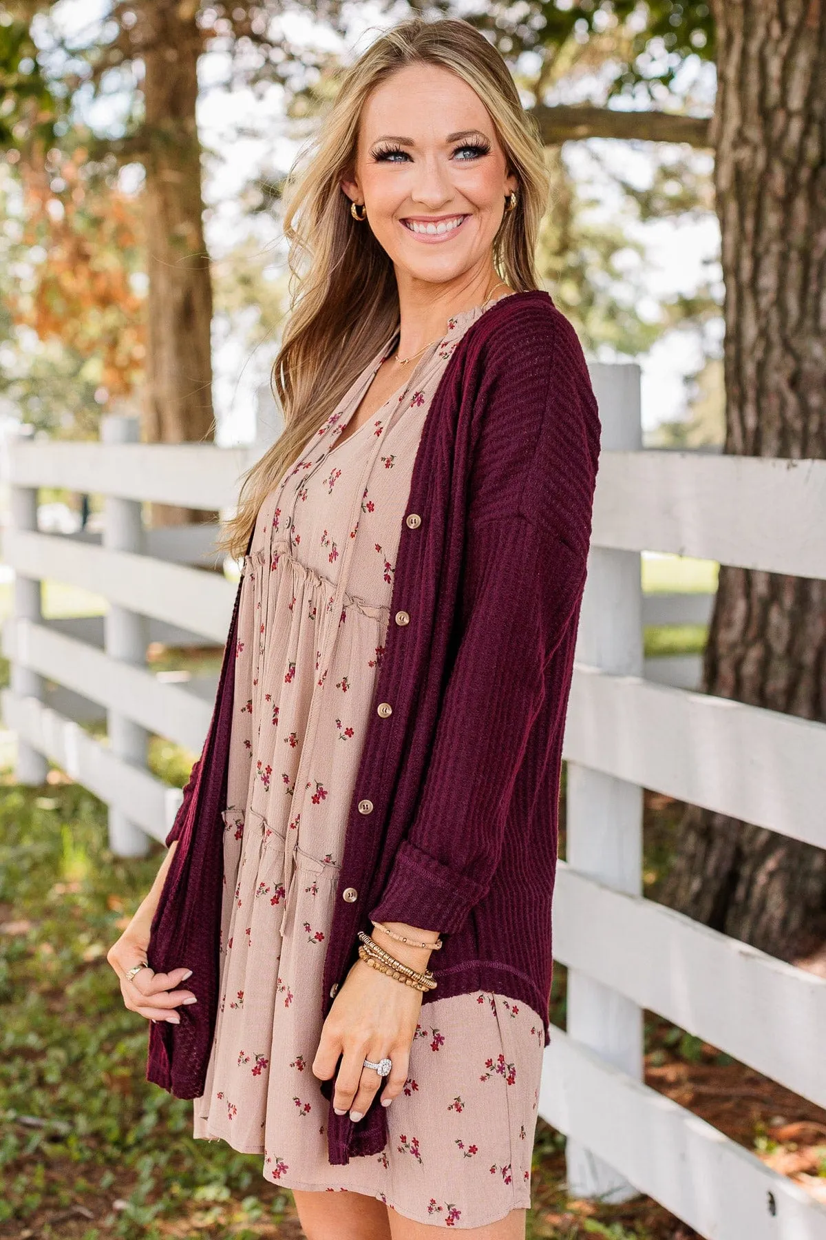 Campfire Cozy Waffle Knit Button Top- Burgundy