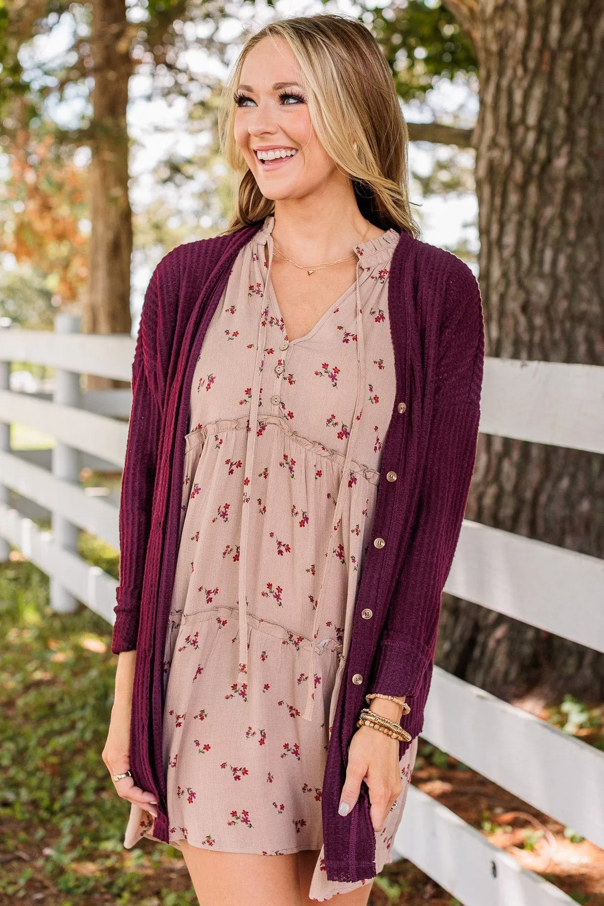 Campfire Cozy Waffle Knit Button Top- Burgundy