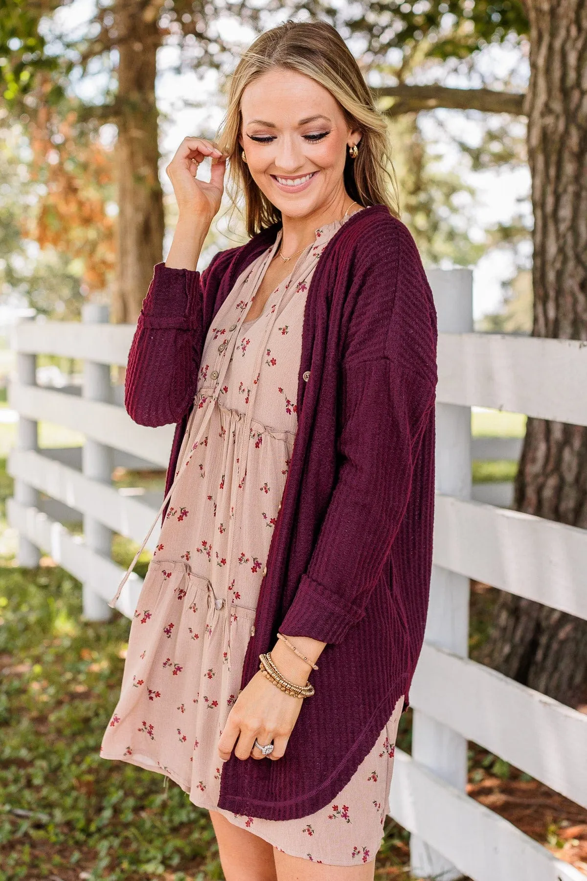 Campfire Cozy Waffle Knit Button Top- Burgundy