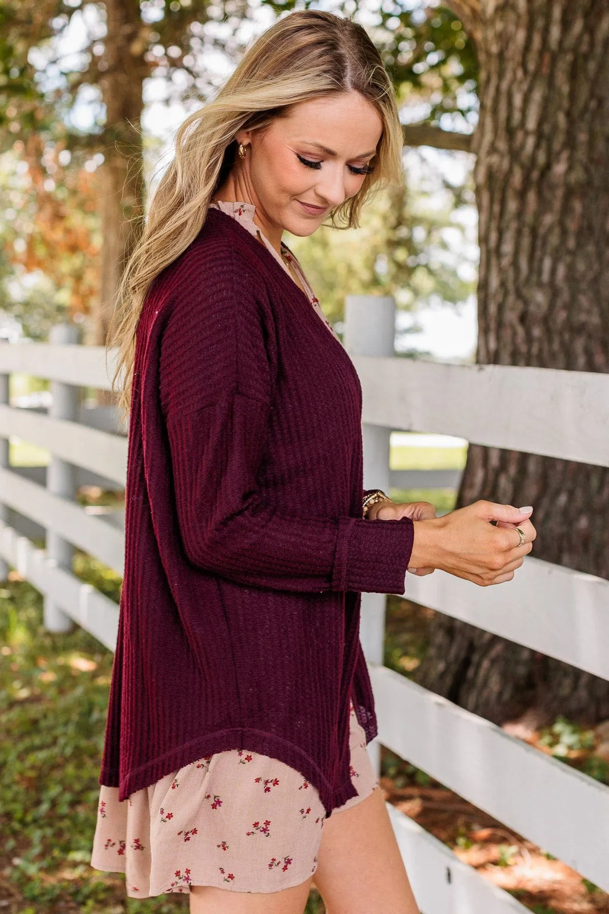 Campfire Cozy Waffle Knit Button Top- Burgundy