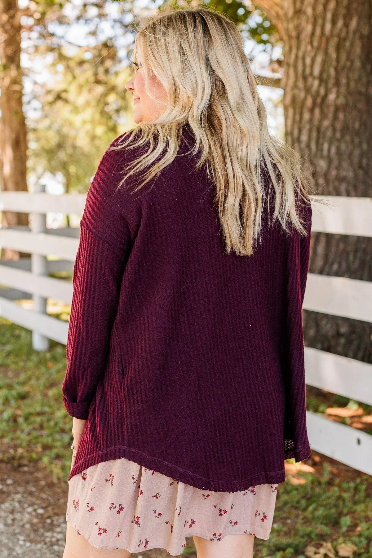 Campfire Cozy Waffle Knit Button Top- Burgundy