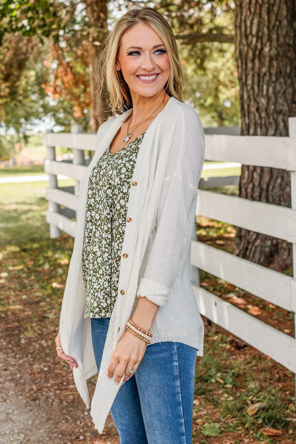 Campfire Cozy Waffle Knit Button Top- Cream