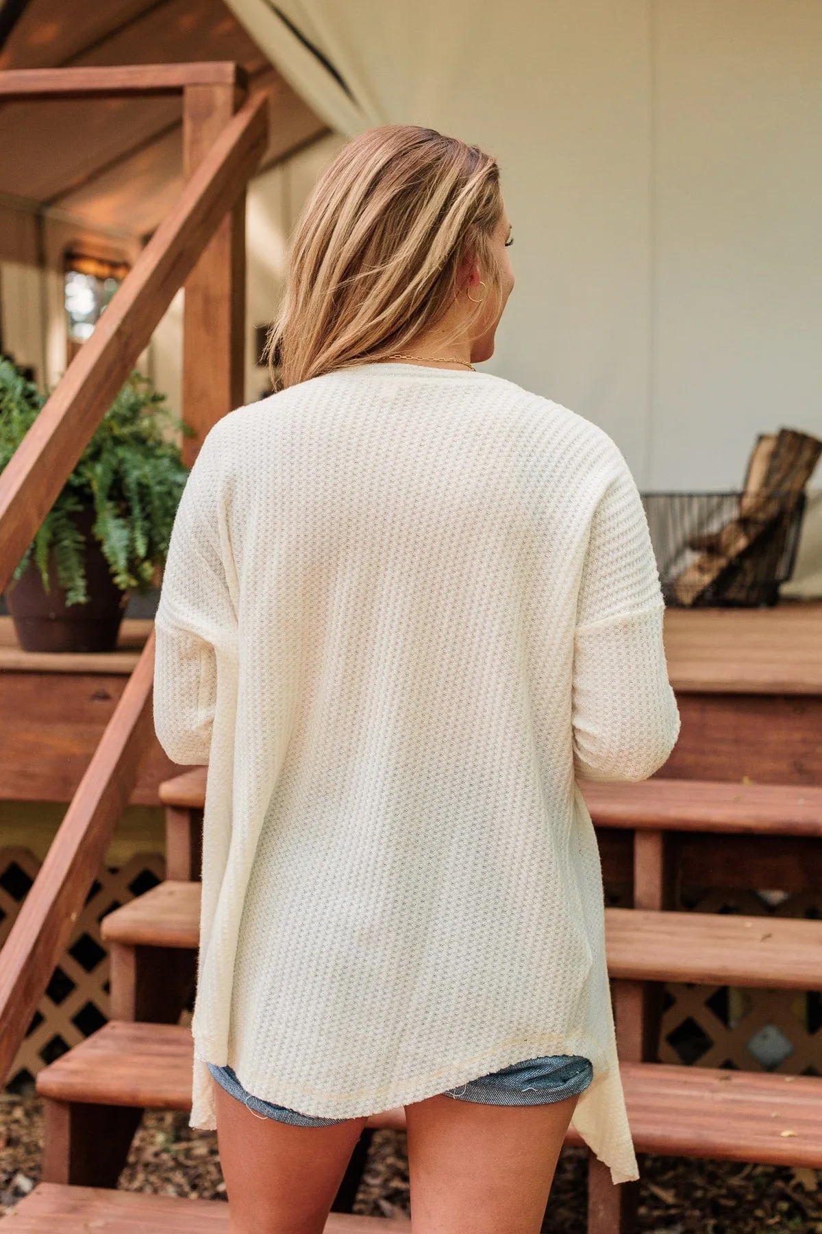 Campfire Cozy Waffle Knit Button Top- Cream