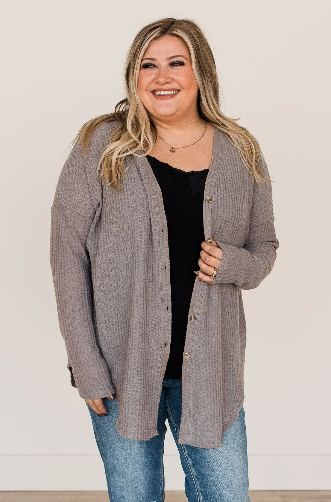 Campfire Cozy Waffle Knit Button Top- Taupe