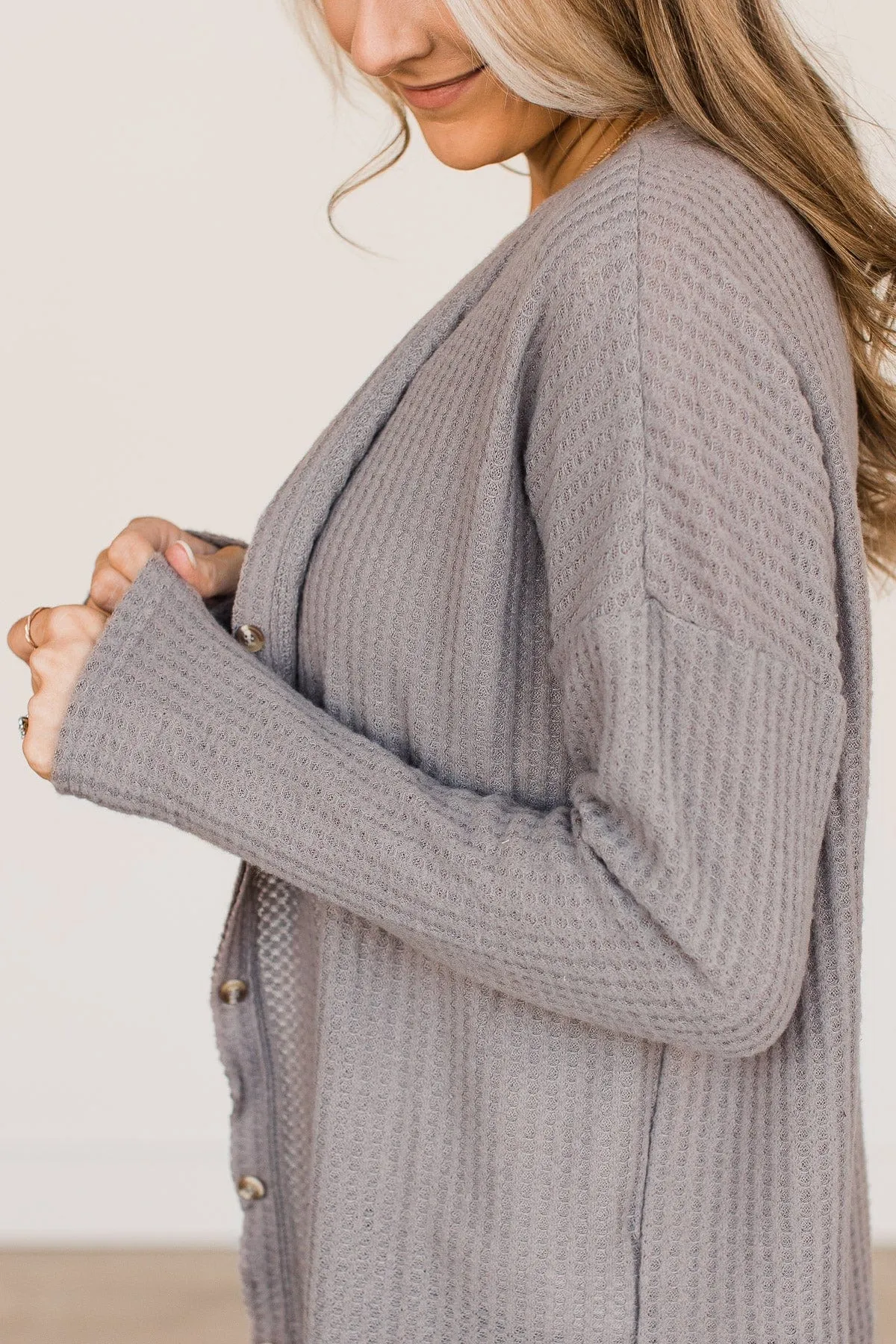 Campfire Cozy Waffle Knit Button Top- Taupe