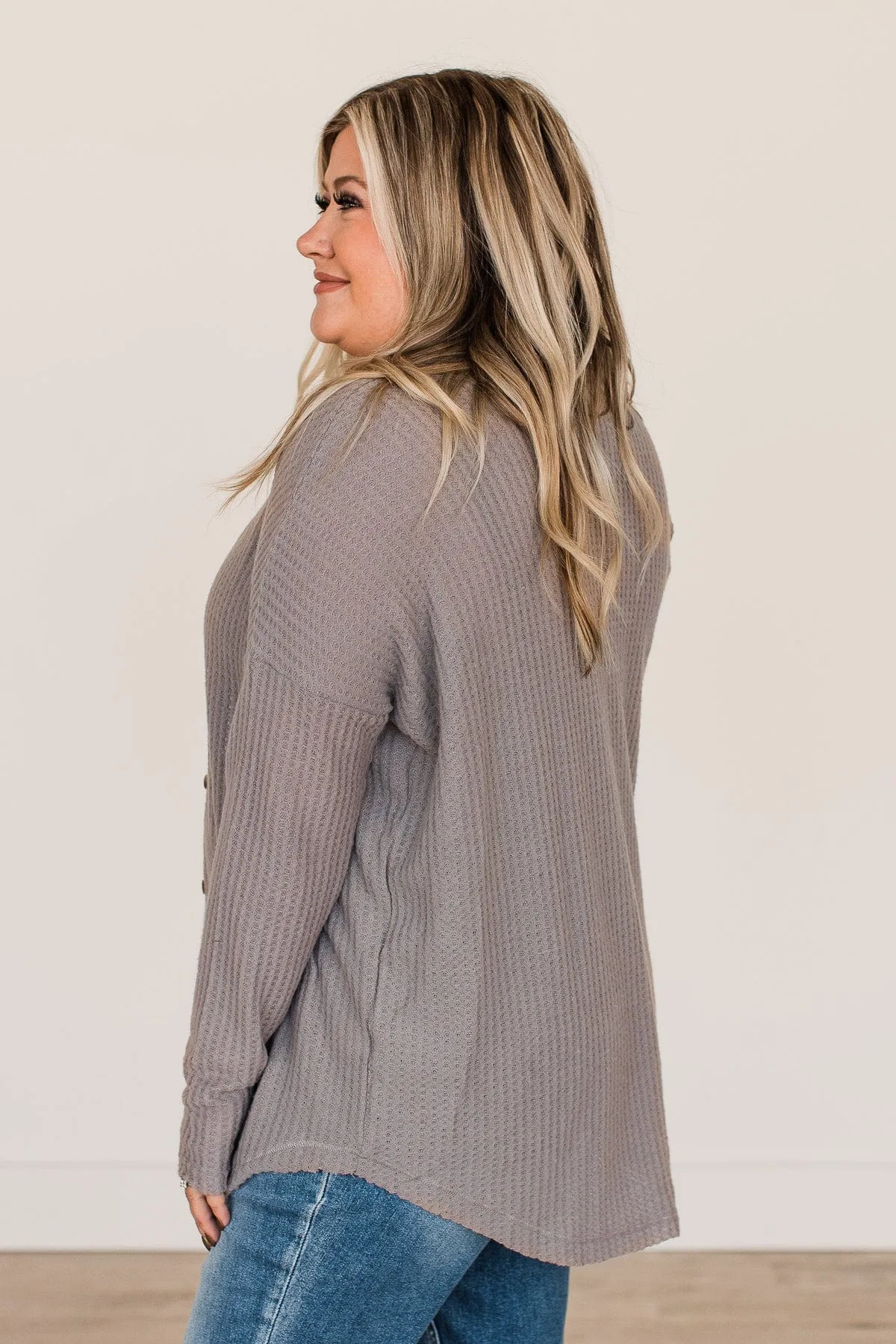 Campfire Cozy Waffle Knit Button Top- Taupe