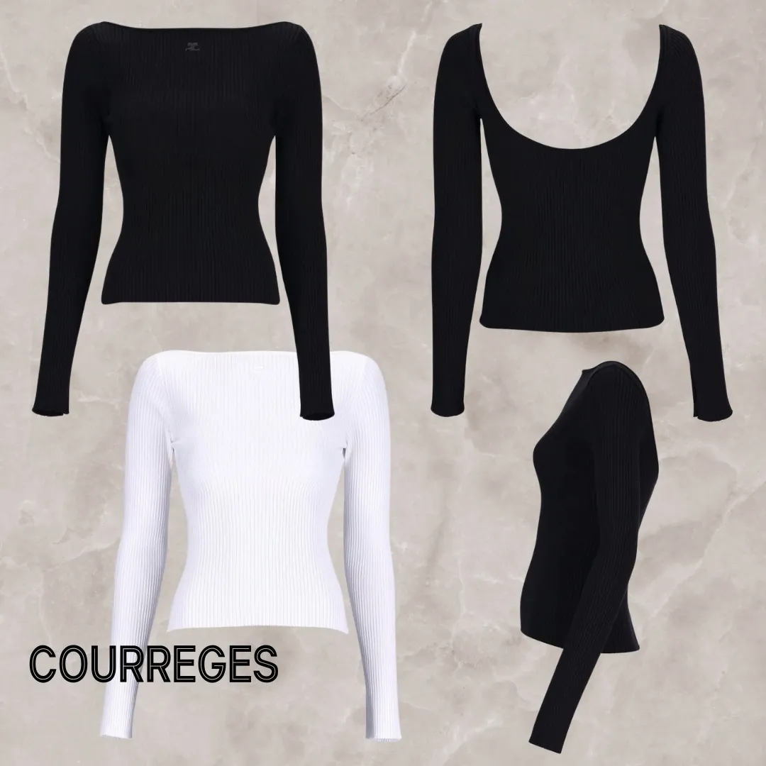 Courreges  |Long Sleeves Plain Logo V-neck & Crew neck