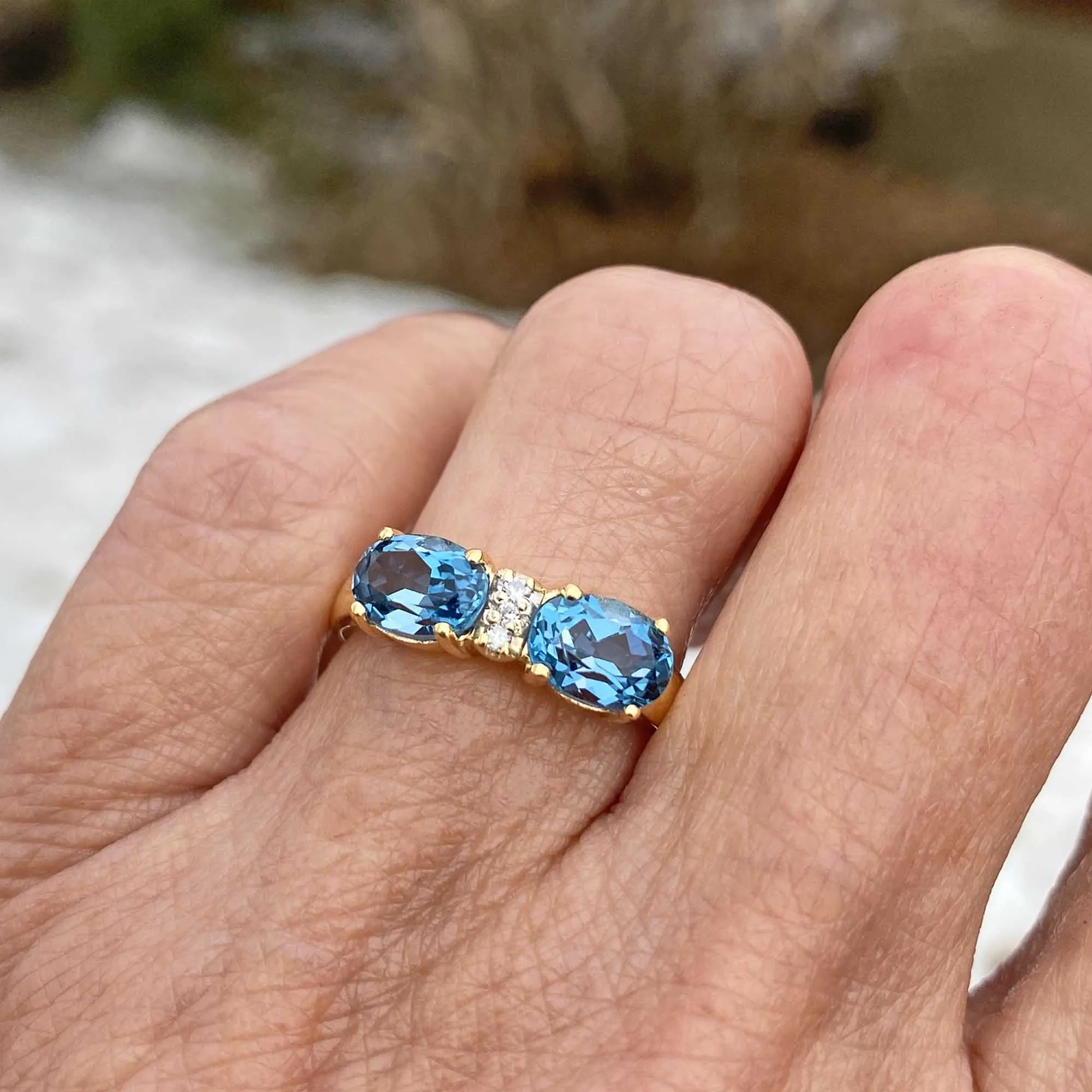 Cushion Cut Blue Topaz Diamond Ring in 14K Gold