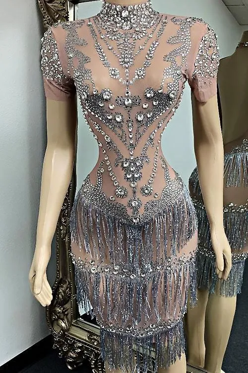 Ego Mesh Tassel Diamante Dress(Rhinestone)