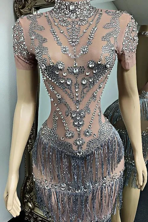 Ego Mesh Tassel Diamante Dress(Rhinestone)