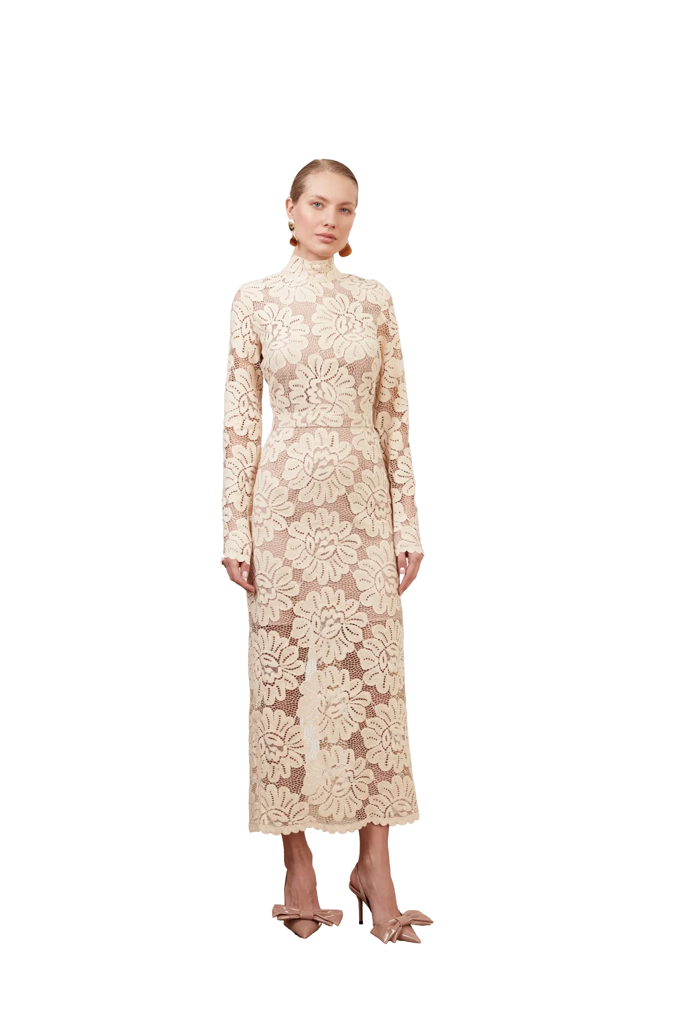 ELENA cream floral lace midi dress with turtleneck