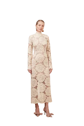 ELENA cream floral lace midi dress with turtleneck