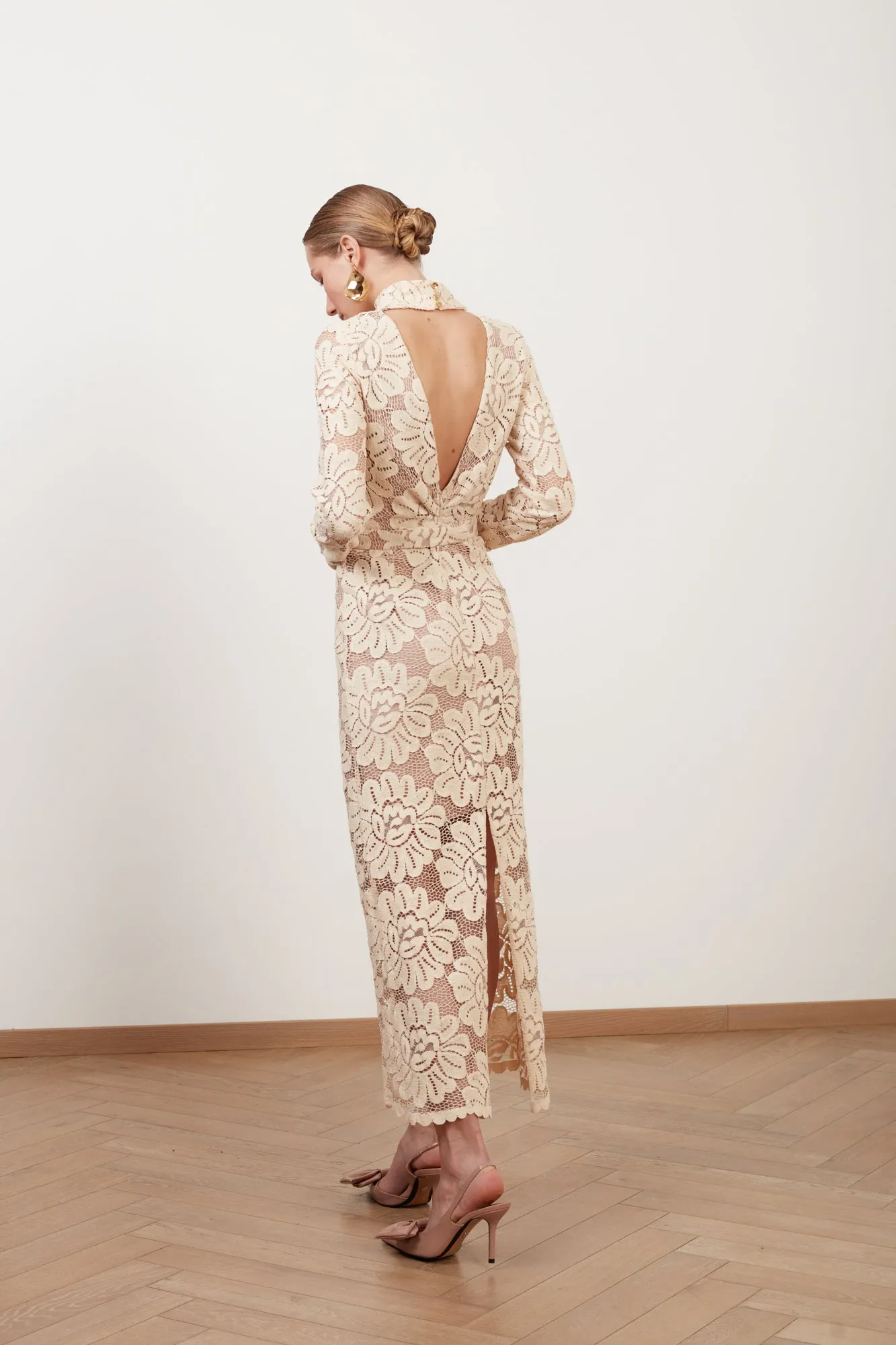 ELENA cream floral lace midi dress with turtleneck